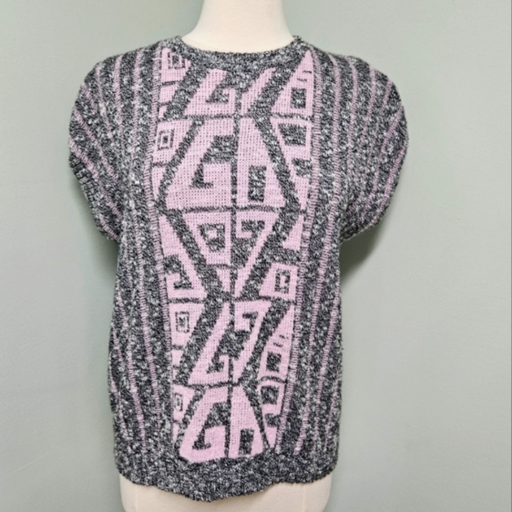 Vintage Rose Short Sleeve Sweater Aztec Geometric 80s 90s Retro Pink Lavender